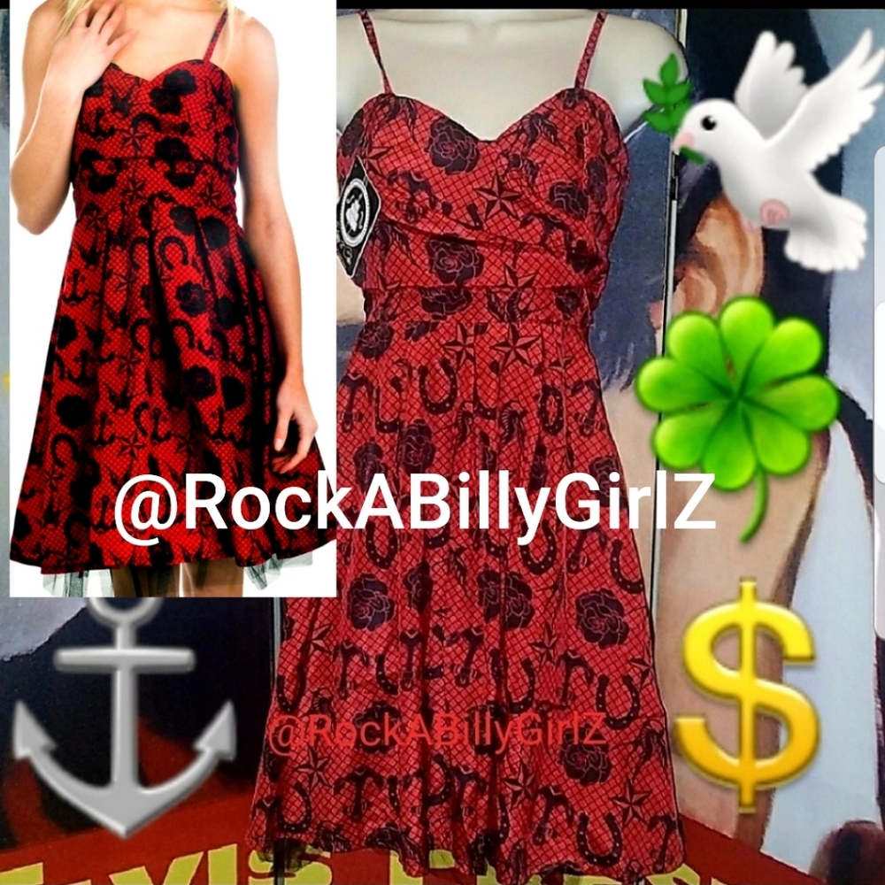 Too Fast Red Viva Las Vegas Dress w Tattoo Flash Anchor Rose Swallows Horseshoes